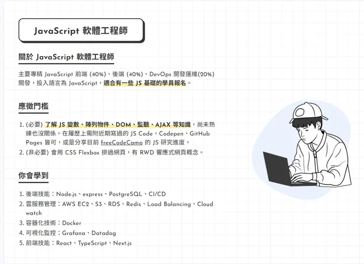 JavaScript 軟體工程師組應徵門檻及培訓計畫