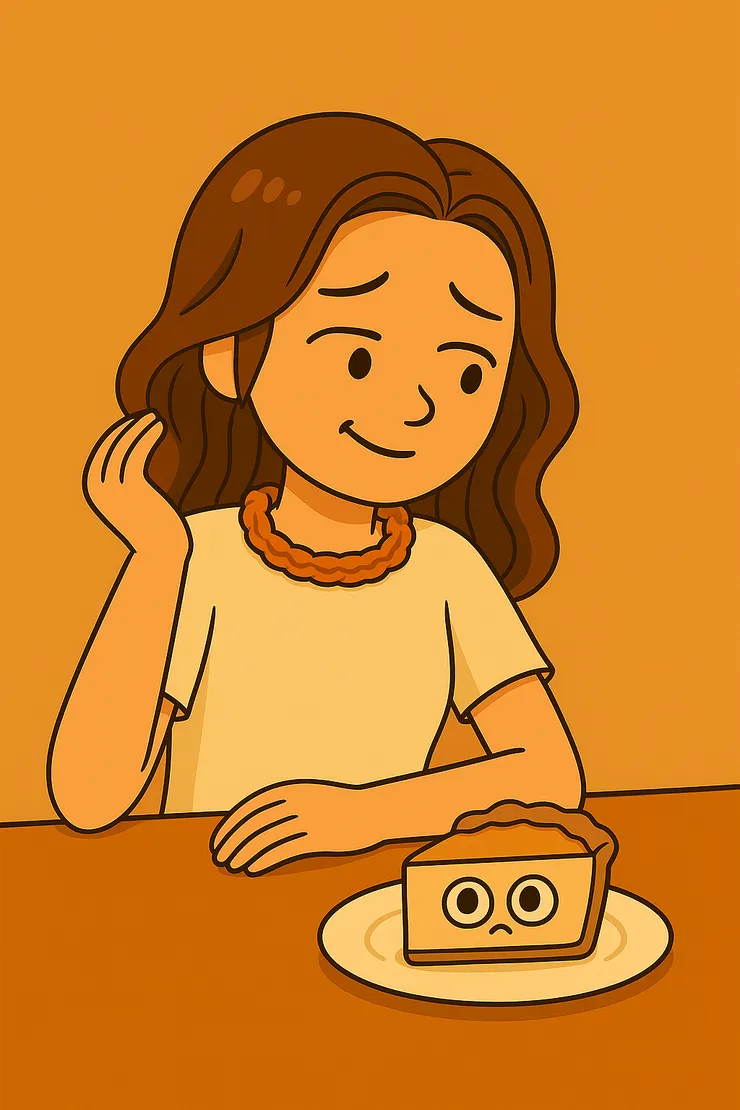 就像圖裡的蛋糕一樣，還長著無辜的小眼神，看起來好像在控訴我。 而暖橘Q只能尷尬又好笑地望著它，彷彿在說：「抱歉啦～是我這個高敏感，硬是把你拉進小劇場，結果你成了無辜受害者 XD。」 （註：這張就是小彩蛋，用來自嘲「高敏感連甜點都能被牽拖」。）