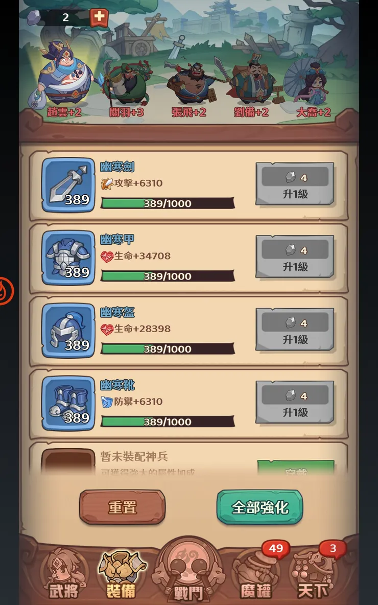 每個角色都可以穿著裝備，也可以強化等級