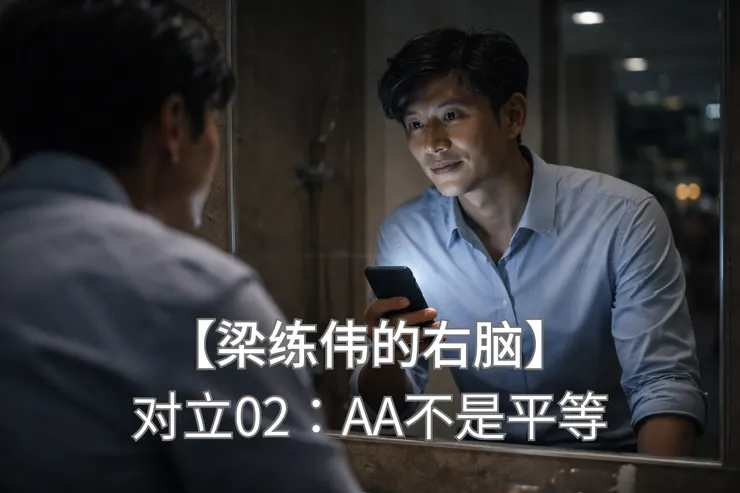 梁练伟在镜子前被手机光照亮看着自己