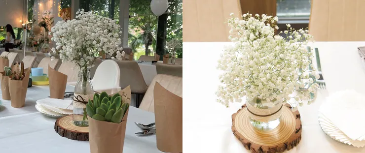 桌面以滿天星桌花、小盆栽佈置,婚禮結束後直接讓賓客帶回家,佈置於高雄帕蒂森。