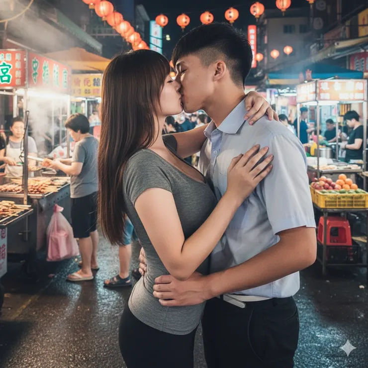 黃鈺程(左)與陳汝蓁(右)在夜市接吻