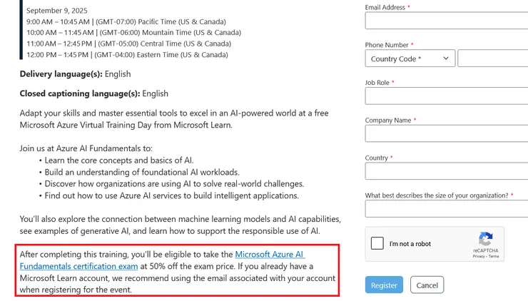 課程頁面說明，確認有Azure AI Foundamentals 50%考試優惠