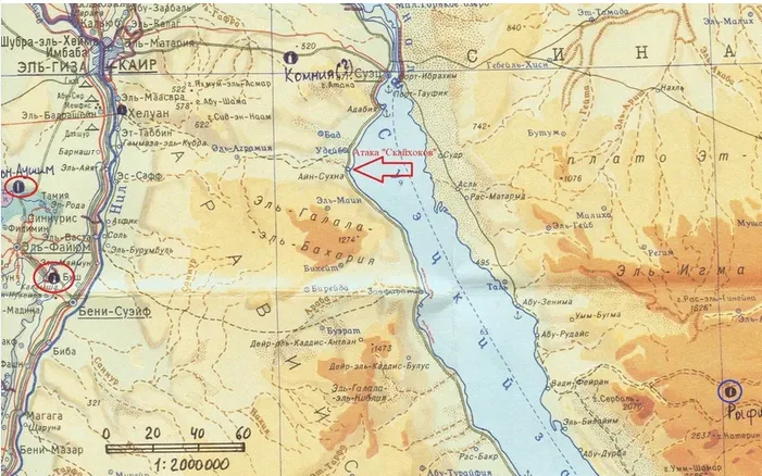 圖中左側兩個紅圈標示就是兩支蘇聯戰鬥機編隊起飛的機場，距離前線大約100多公里，看似不長，但對於內油本就不足又需要長時間開啟加力的米格21而言已經頗有壓力。