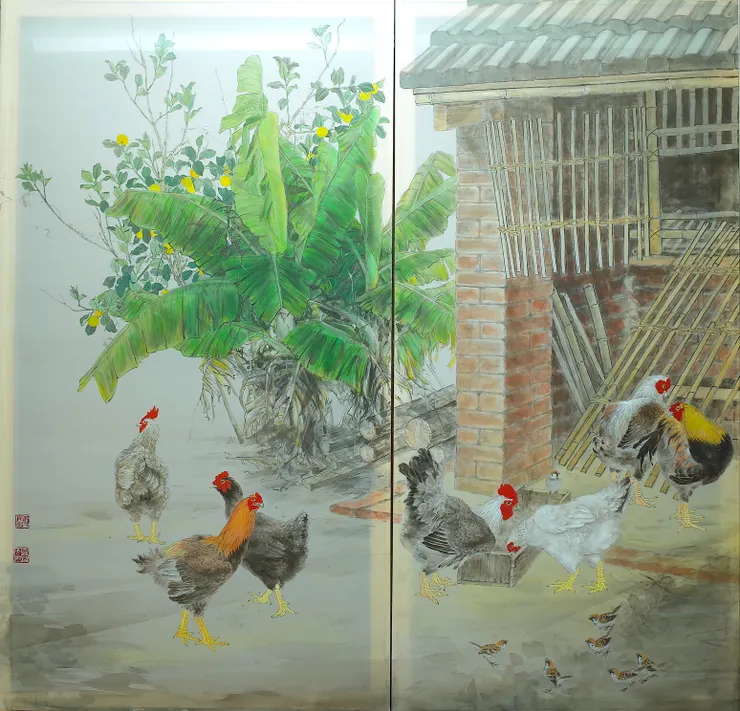 〈後院清晨〉局部－左二屏