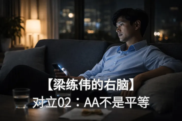 梁练伟坐在沙发上手机亮着旁边放着两个杯子