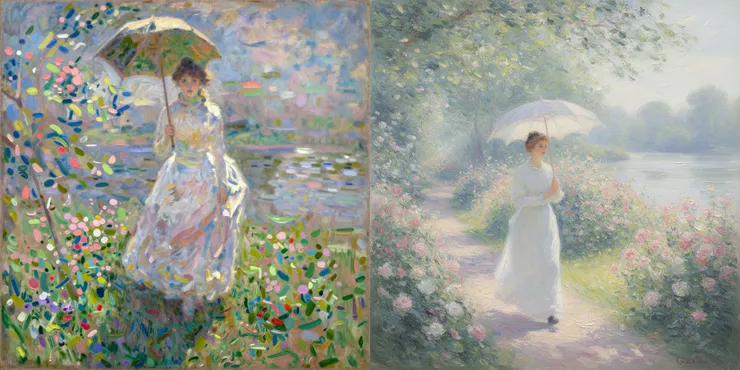Prompt: An Impressionist oil painting in the style of Claude Monet. A woman in a flowing white dress holding a parasol strolls through a lush, flowering garden pathway near a riverbank. Loose, visible brushstrokes, thick impasto texture on the canvas, dappled sunlight filtering through leaves, soft pastel color palette, atmospheric haze without sharp lines. (左：Z-Image-Turbo 右：FLUX-2 [dev])