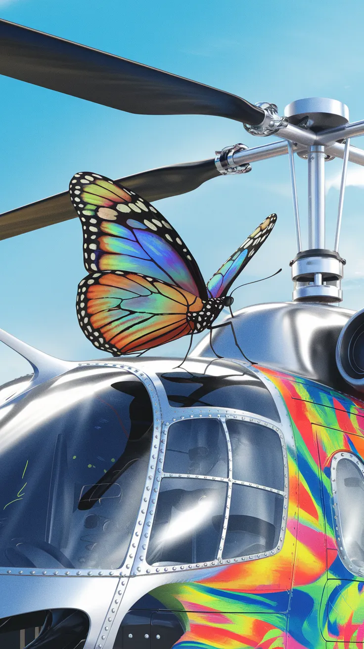 Imagine a whimsical scene where a vibrant butterfly with iridescent wings is gracefully perched on the rotor of a sleek helicopter, set against a bright blue sky. The helicopter is adorned with colorful patterns that mimic the butterfly's wings, creating a harmonious blend of nature and technology. The sunlight glints off the helicopter's metallic surface, while the butterfly flutters gently, showcasing its delicate beauty. Capture this surreal fusion of flight and freedom in a captivating illustration."
