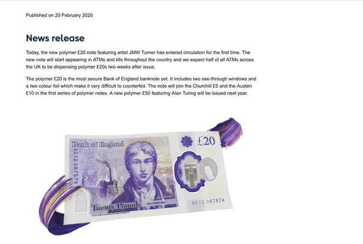 2020年發行的20英鎊紙鈔，將透納自畫像、畫作及畫家名言同置其中。圖片來源：英格蘭銀行網頁