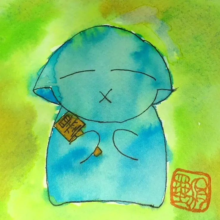 自畫的水彩自畫像，紅色的是刻章