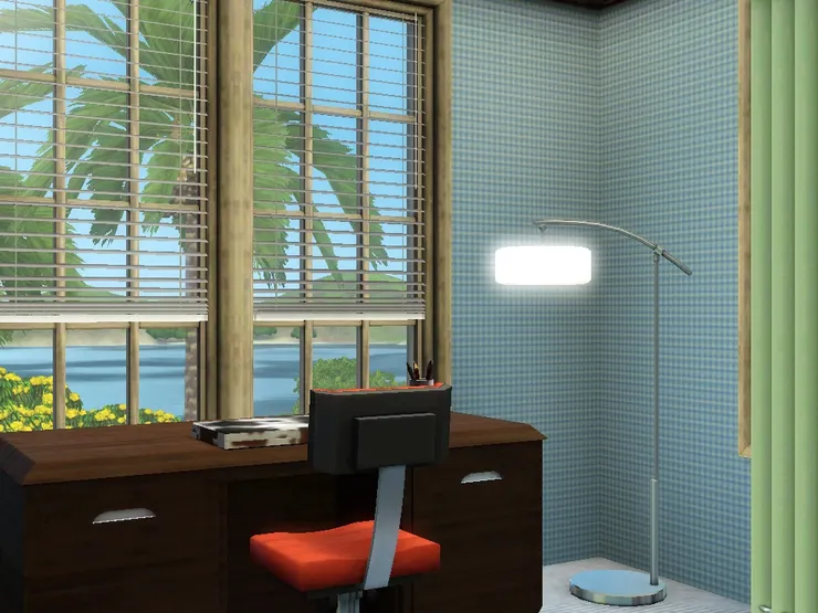 房間的用色跟外面的藍海綠樹很相配！