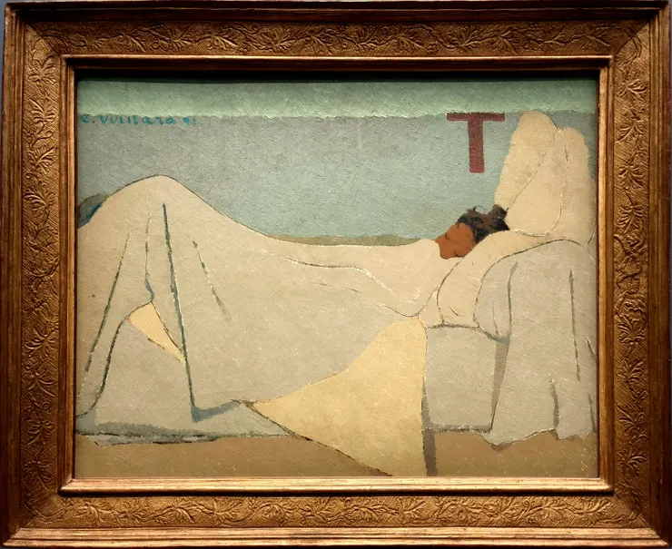 【後印象派重要成員愛德華·維亞爾（Édouard Vuillard）於1891 年創作的油畫作品《在床上》（Au lit）。】
