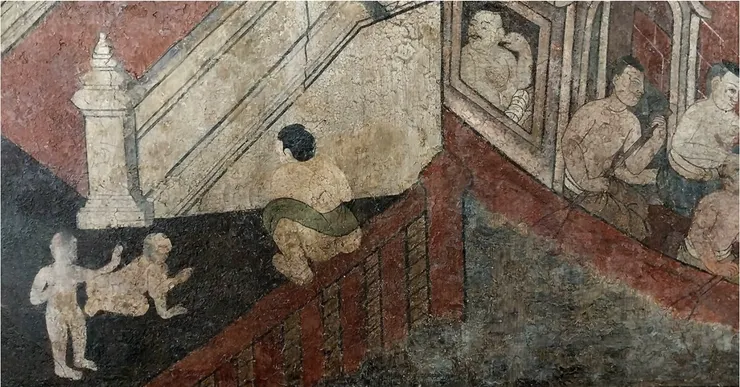 人們正「前往碼頭」（意指如廁）或排泄到運河裡的畫面【蘇泰寺的壁畫】