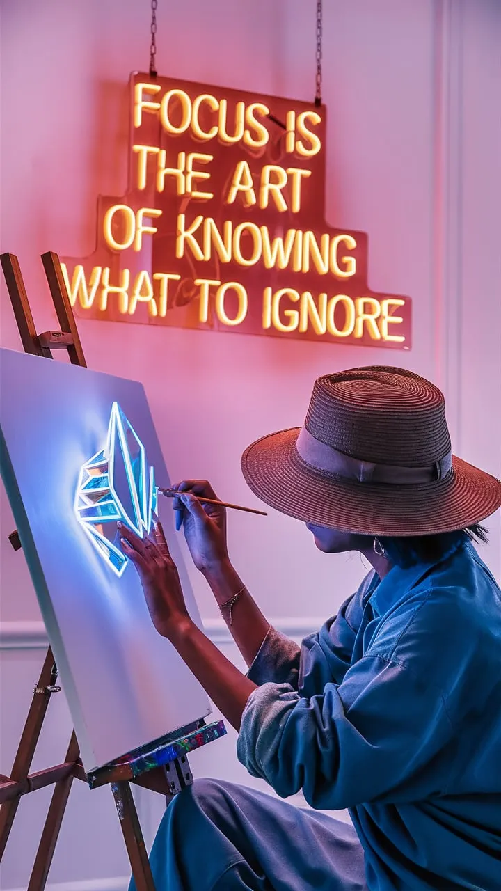 A captivating cinematic photograph captures a talented artist wearing a hat, seated at an easel and fully immersed in her creation. Her hands deftly wield a paintbrush, expertly applying strokes to the canvas. The central focus is a mesmerizing geometric crystal, emitting a vibrant fluorescent blue neon glow. Suspended above her head, a warm, inviting neon sign casts a soft light on the room with its bold lettering: 'Focus is the art of knowing what to ignore.' The pristine white background accentuates the vivid colors and showcases the artist's dedication to her work., photo, typography, cinematic