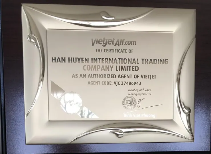 VIETJET AIR 越捷航空 代理商證書 Han Huyen Travel Agency 越南翰萱國際旅行社