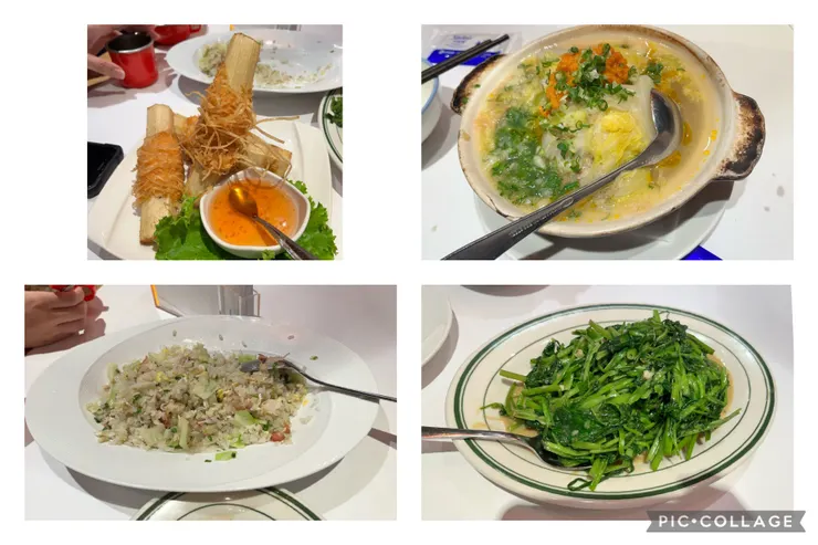 左上甘蔗蝦、左下湘式炒飯、右上上湯獅子頭、右下東方乳酪空心菜。