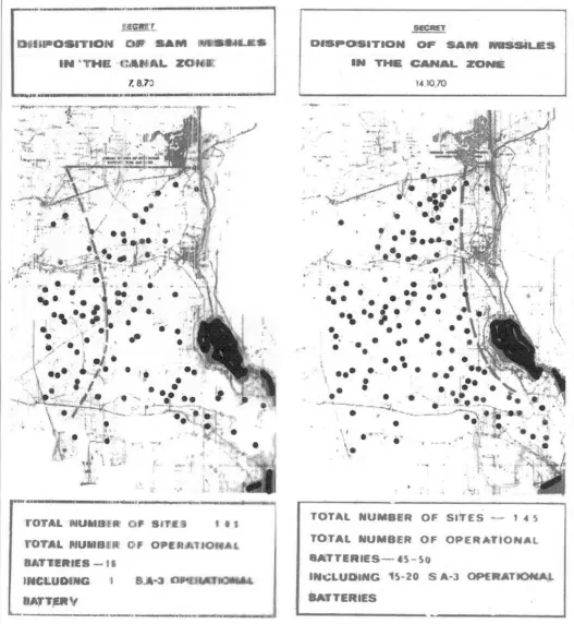 以色列對蘇伊士運河一代埃及防空網的評估，左邊為8月7日，右邊為10月14日，估計陣地總數從103個增加到145個。