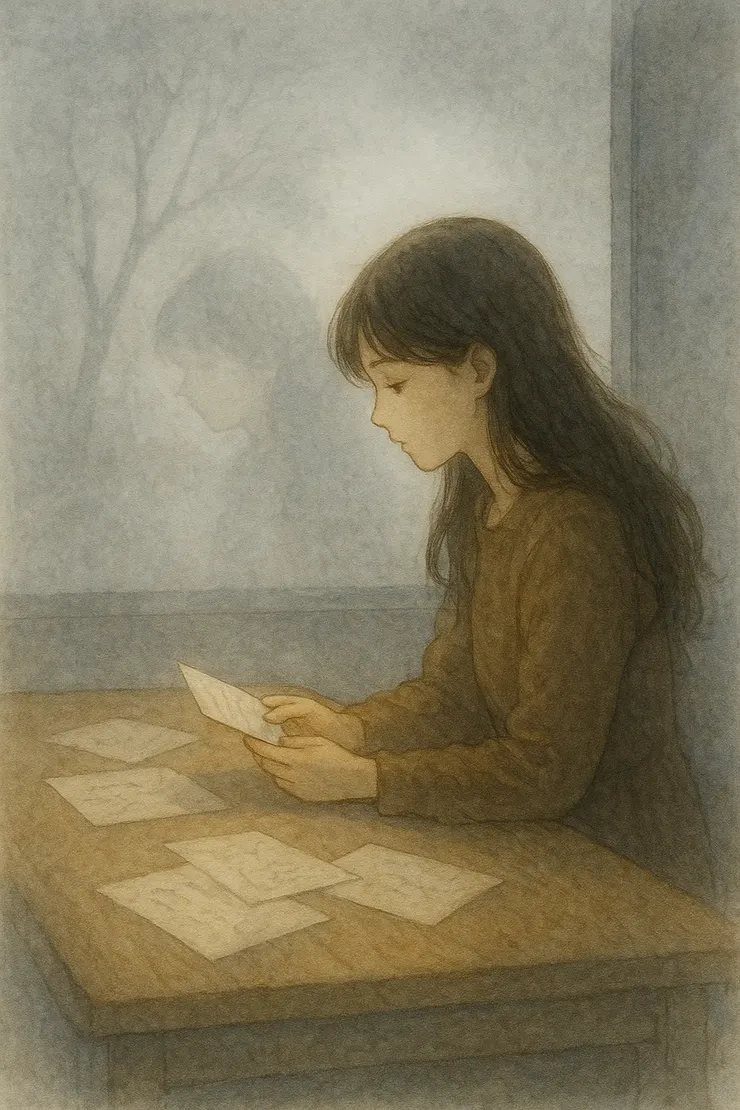 女孩凝視著信件,記憶片段逐漸浮現。〈本示意圖由AI協助生成。〉