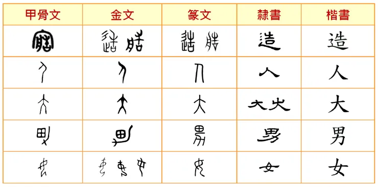 甲骨文、金文、篆書、隸書、楷書等一起表列，可更直接比較了解漢文字體原意及其演變過程