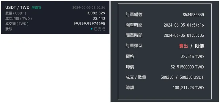 BitoPro 買進紀錄(左) vs MAX 賣出紀錄(右)