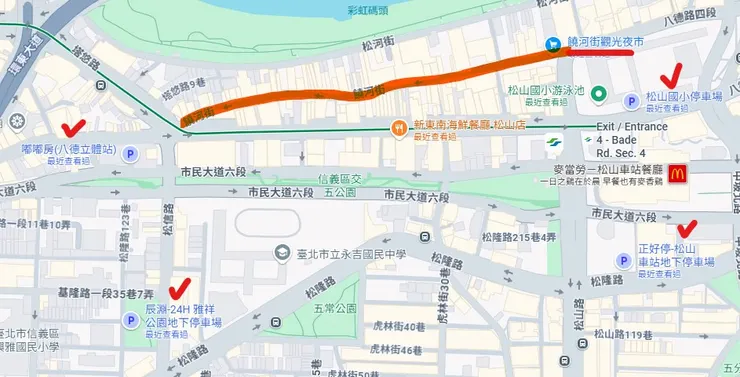 饒河夜市及各停車場位置圖