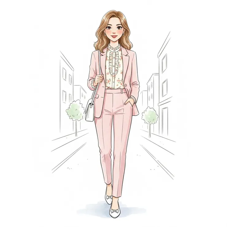 穿著荷葉邊小碎花襯衫和淺粉色西裝套裝和白色平底鞋