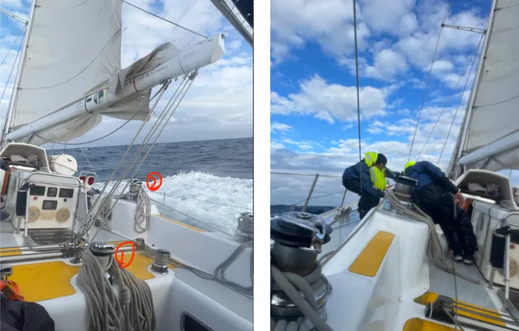 左：我先後在①、②處收繩。右：D6下午，隊員從船頭回來全身濕透，救生衣也自動打開了。