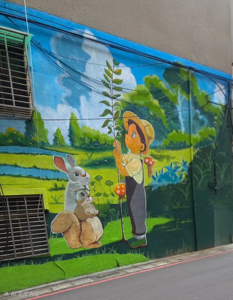 在城市的小巷弄裡，彩繪牆是居民的夢境延伸。牆上的男孩穿著吊帶褲，正細心呵護著一株向天伸展的綠苗，身旁的兔子與松鼠彷彿也在期待著果實。這不僅是畫，更是一份對大地的承諾。