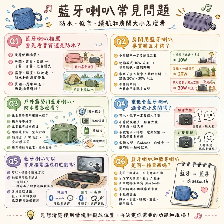 🔍 藍牙喇叭常見問題：防水、低音、續航和房間大小怎麼看