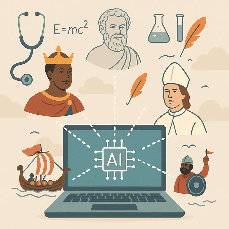 AI生成知識的多元與偏誤：筆記型電腦連結醫學、科學、哲學、歷史與錯誤的歷史形象，象徵人工智慧整合不同領域知識，同時可能產生偏差與重寫歷史的現象。