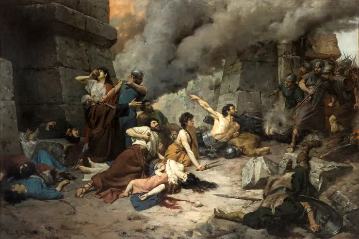 努曼廷戰爭圍城，畫作中描述了許多凱爾特人自盡而不願降敵。Wiki Commons, "Numancia Alejo Vera Estaca 1881.jpg"