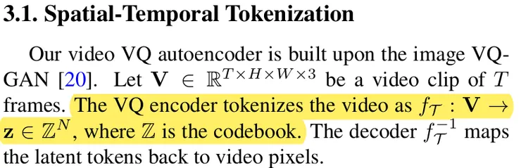 把影片的片段映射成一維向量的Tokens，後續可以用類似生成文字查字典的方式來生成影像片段。
