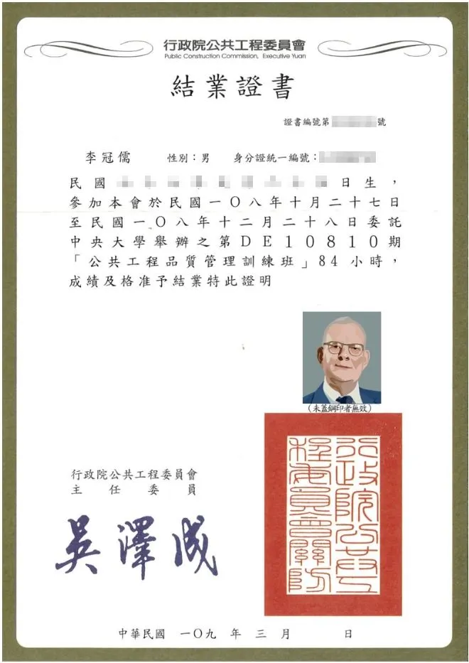 證書照片為品管之父─戴明（E. Deming,1900-1993）