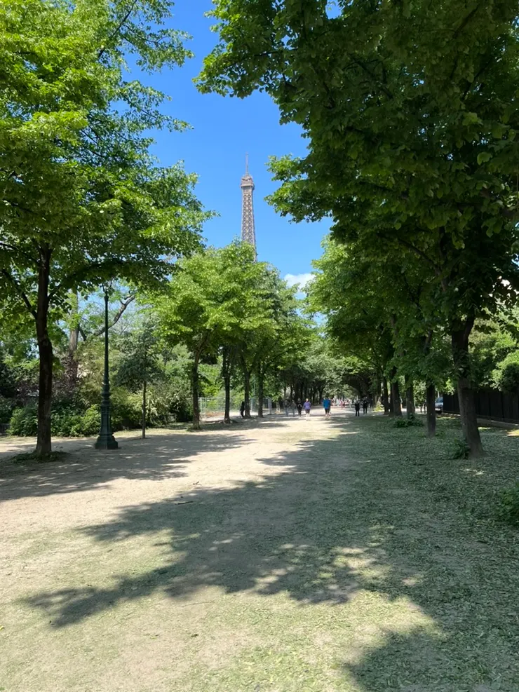 回首看巴黎鐵塔。這段路很清幽，沒什麼人，大部分的人都集結在鐵塔下方和上方了。