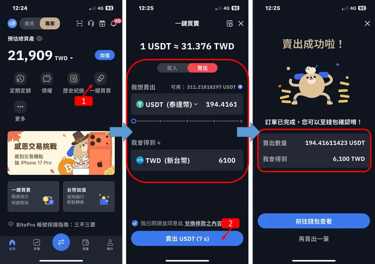 在 BitoPro 把 USDT／USDC 賣成新台幣