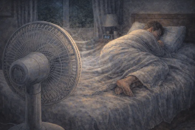 凌晨三点，梁练伟睡着，智能落地扇仍在运转，冷风吹向蜷缩的身体，见证主人的夜晚