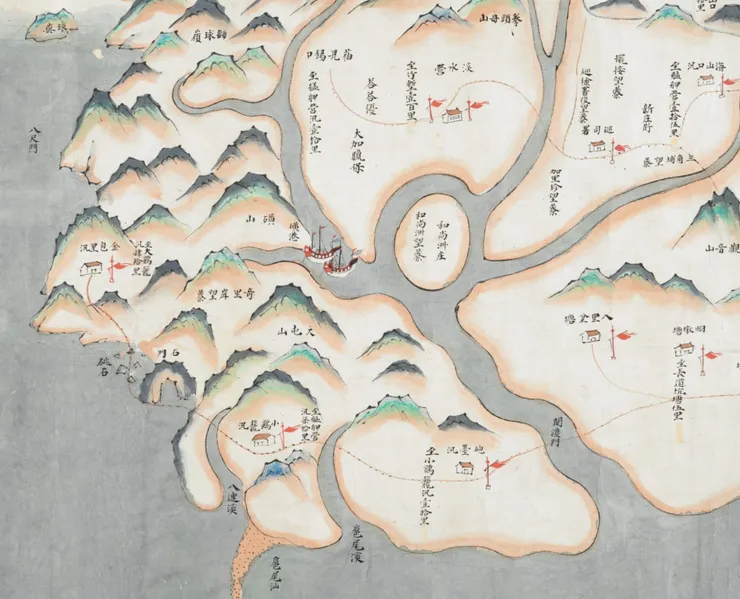 大英圖書館藏〈臺灣汛塘望寮圖〉局部(圖片來源:中央研究院開放博物館),圖中台灣設一府四縣,故成圖應在1721年朱一貴事件後;而諸羅尚未改名嘉義,顯見該圖應作於1786年林爽文事件前,推定為18世紀中作品。