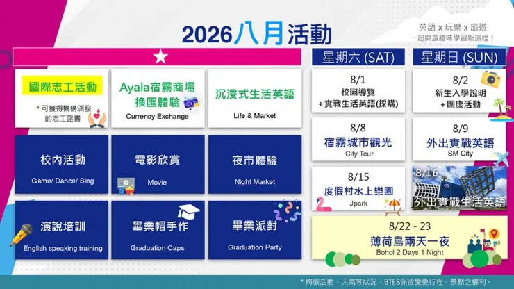 BTES暑假遊學團, 八月活動