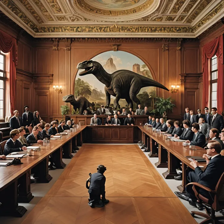 AI生成圖:恐龍與人戴墨鏡在歐洲華麗風格會議室開會