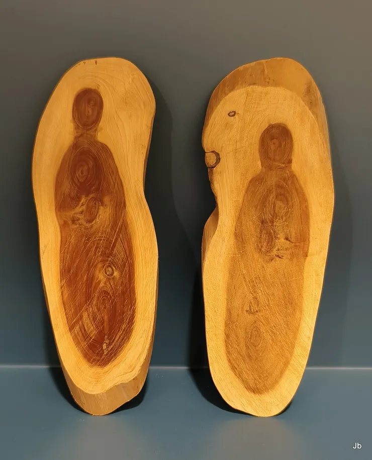 2015被杜鵑吹倒的柏樹，保留下來的一段主幹，2017年春，請木工鋸成薄片做杯墊，竟發現其中兩片的年輪有如佛陀立像。