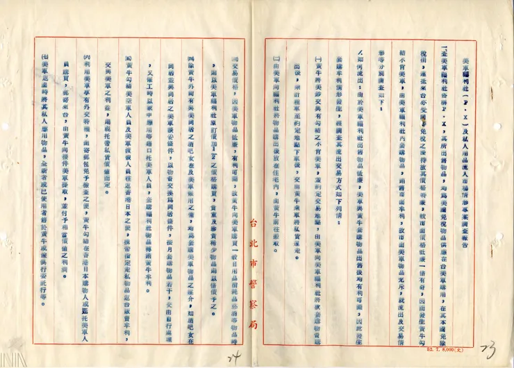 圖5 美軍福利社及私人用品流入市場情形專案調查報告。美軍在臺的特殊地位一直引人非議，美軍流出的各項美國產品成了臺灣社會的奢侈品，間接導致了1955年劉自然事件的爆發。此一事件後，臺美兩國才重新協商美軍地位。檔號：A303000000B/0052/467.1/0032