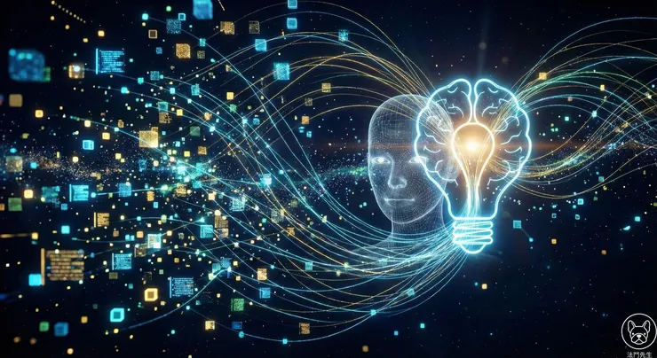 AI 數據視覺化示意圖：散落的資訊點透過發光線條匯聚連接成大腦形狀，象徵 ChatGPT 5.2 具備更強大的上下文理解與脈絡整合能力。