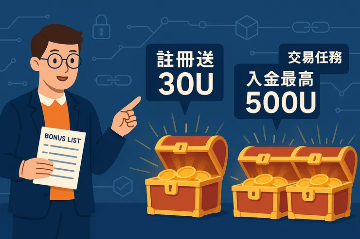BingX邀請碼紅利獎勵說明圖，幣圈教官角色介紹註冊送30U與入金交易紅利共可達8200U。