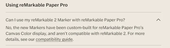 Remarkable Paper Pro須搭配新研發的主動式寫手筆使用，Remarkable 2的Wacom EMR手寫筆無法於Remarkable Paper Pro使用