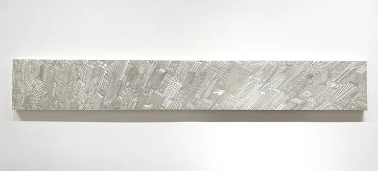 《New York Strip》瓦斯科想像中的曼哈頓天際線，畫面以俯視視角呈現，畫面視野極為遼闊，隨著畫面延展，建築的輪廓開始扭曲變形。