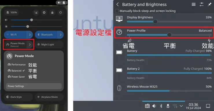 兩大桌面環境的電源設定。Gnome(左)、KDE(右)