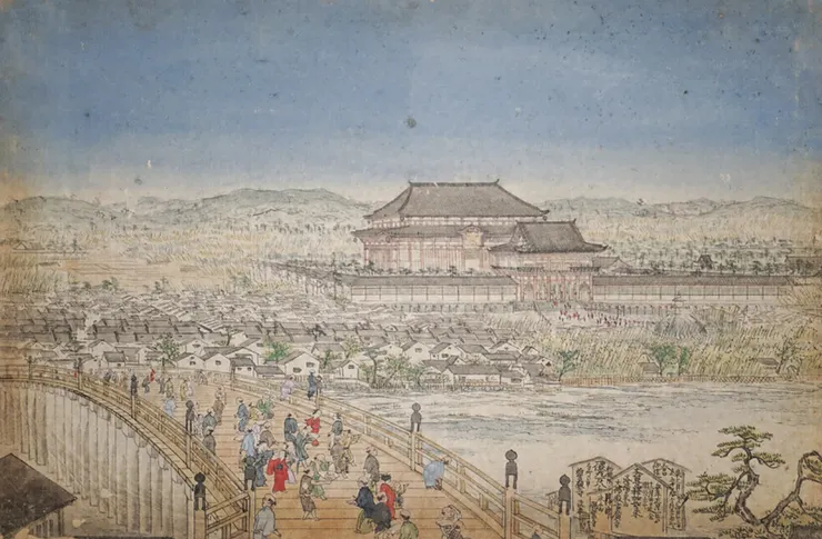 江戶時代繪師圓山應舉所作「五條橋大佛殿眺望圖」。