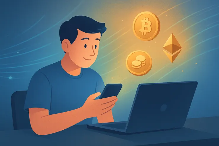 初學者第一次接觸「數位金錢」的世界：在螢幕前看見 ₿、Ξ 等符號與流動光線，象徵網路上的價值交換。