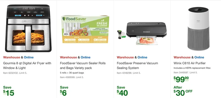 折扣後價格:氣炸鍋$44.99,食物保存真空袋組合$23.99,食物保存真空機$89.99。