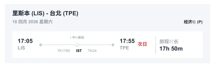 回程LIS(里斯本)至台北(TPE)